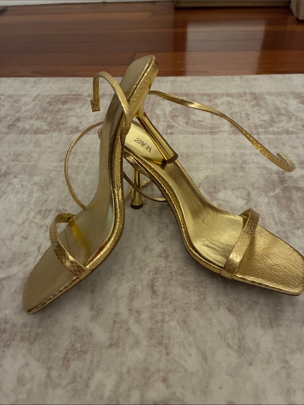 Zara Metallic Gold Strappy Stiletto Sandals